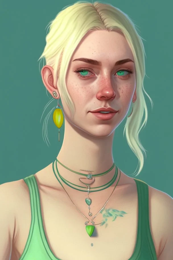 Realistic young woman, neck length white blonde hair in a half ponytail, pale skin, light blue eyes, freckles, big boobs, big green earrings, green and gold necklace, green tank-top with blue overalls on top, grey plant tattoo on arm