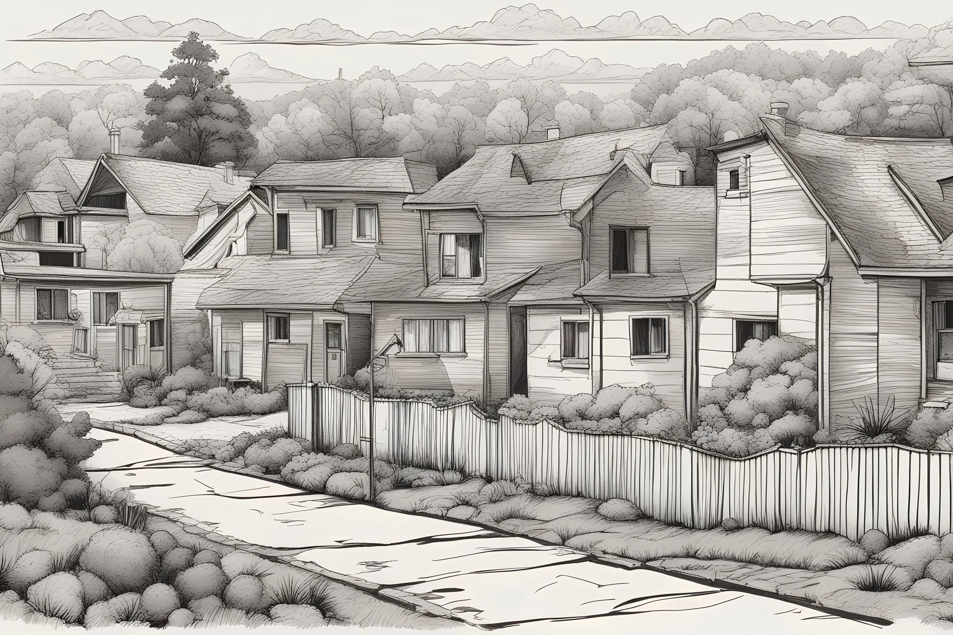 illustrated hand drawn suburban houses desolate