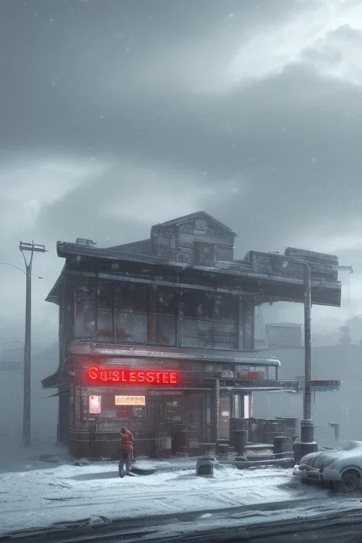 nostalgic blue fallout convenience store snow storm foggy, 8k resolution, high-quality, fine-detail, digital art, detailed matte, volumetric lighting, dynamic lighting, photorealistic