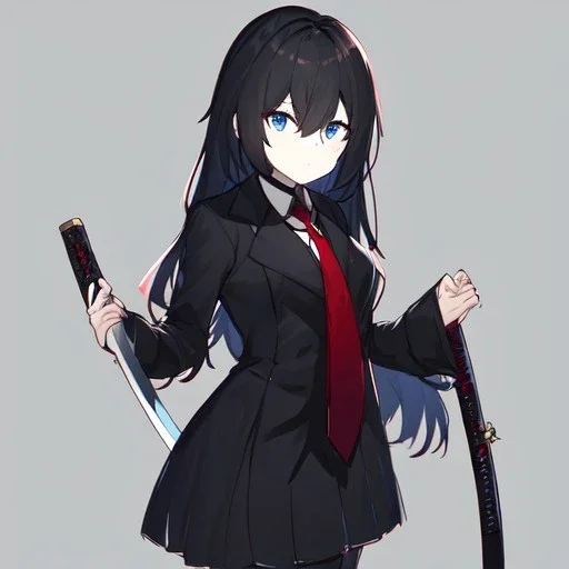 Clear focus, High resolution, long black fluffy hair, blue eyes, wearing a black sailor uniform, red tie, yandere, rough line sketch, dark aura, holding a katana, hair between eyes, 1girl, standing in grey sand