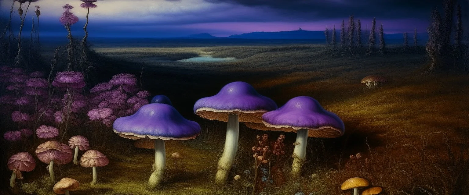 Violet marshlands with toxic glowing mushrooms painted by Albrecht Durer