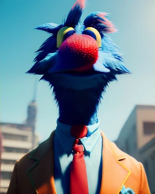 Realistic image, hybrid character, Sesame Street muppet, head, man, body, ,arms, hands, Shirt and tie, Wes Anderson style, concept art, smooth, unreal engine 5, god lights, ray tracing, RTX, lumen lighting, ultra detail, volumetric lighting, 3d, finely drawn, high definition, 4k.