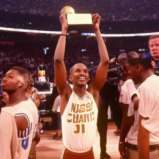 Jalen Brunsen winning the NBA finals at Madison Square Garden and holding the MVP trophy above his head