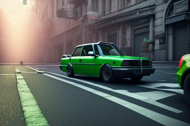  concrete barrier,street view,sidewalks cars parked,unity engine, bloom,cinematic lighting,green tone, octane render.