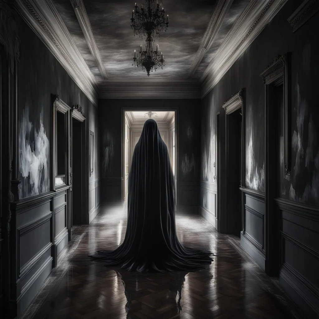 Hyper Realistic transparent black ghost between a huge dark hallway of a British mansion at night with peeling wall paints