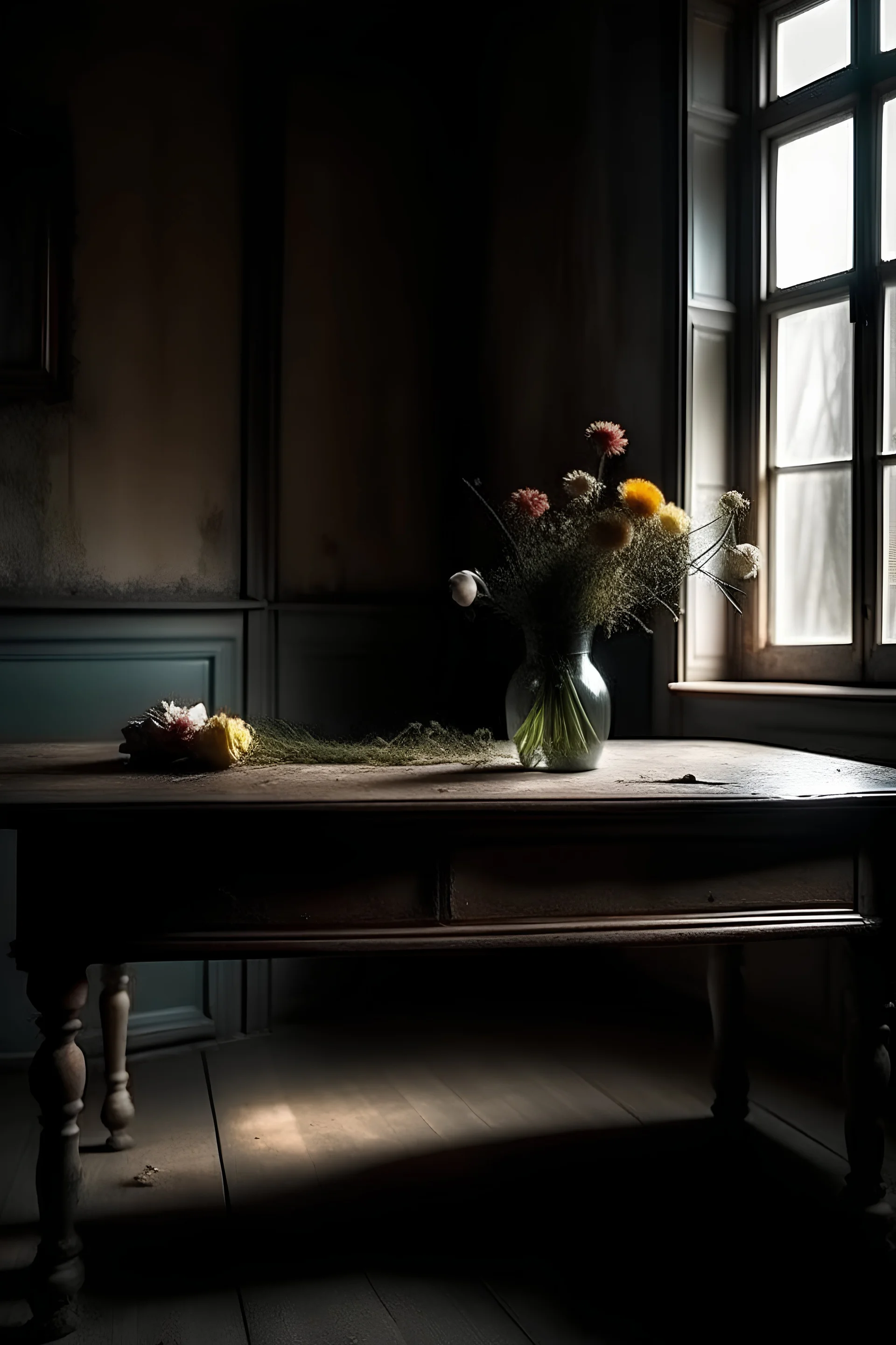 an old creepy room with bouquet of flowers on a table