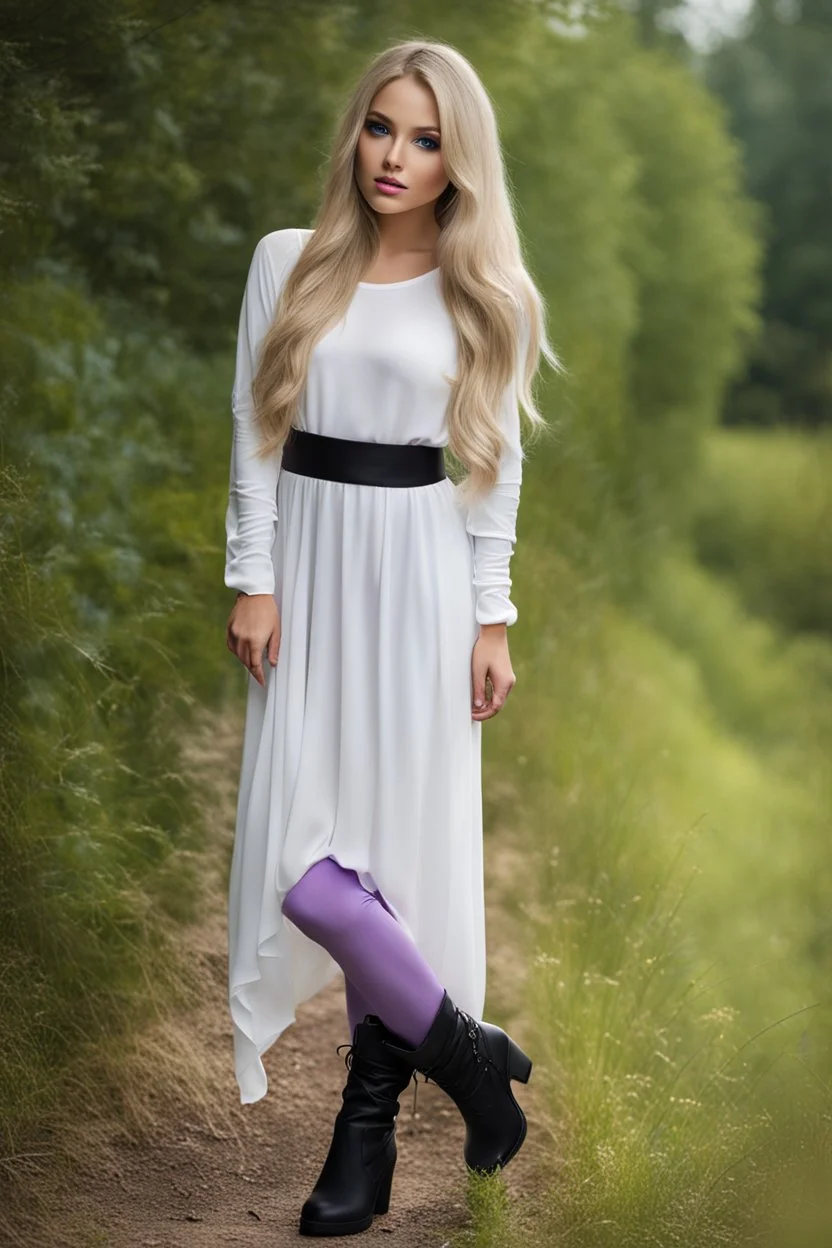 full body standing beautiful 20 year old girl with ash blonde hair and blue eyes with her long hair down, wearing a white sleeved shirt and nice sarifon dress, and lilac long leggings, with long black boots full body shot