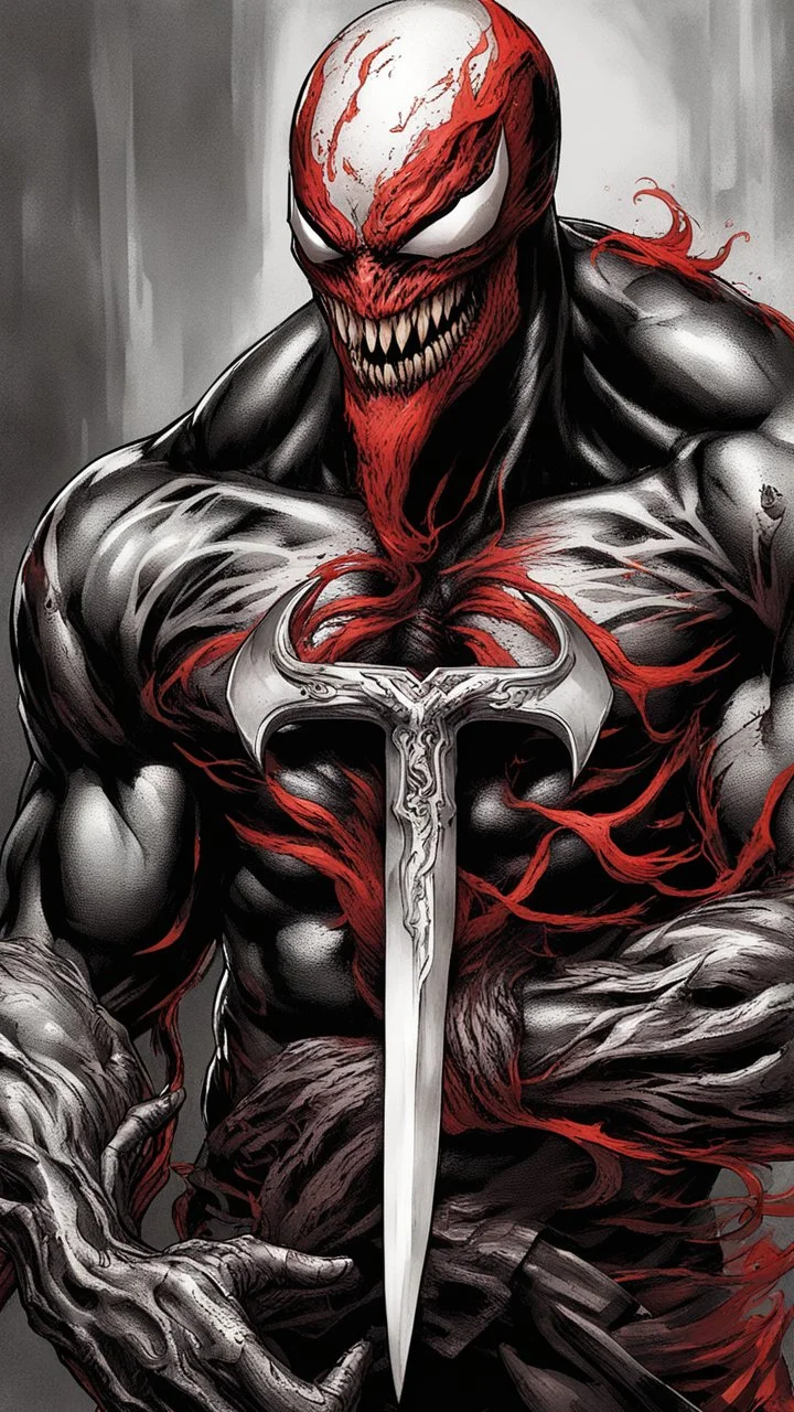 Venom symbiote with kratos Beard and red tattoos and Clothes, holding blade of choice