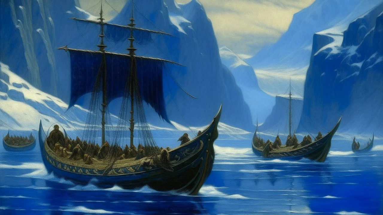 An indigo icy fjord with Viking ships designed in medieval tapestry painted by Birge Harrison
