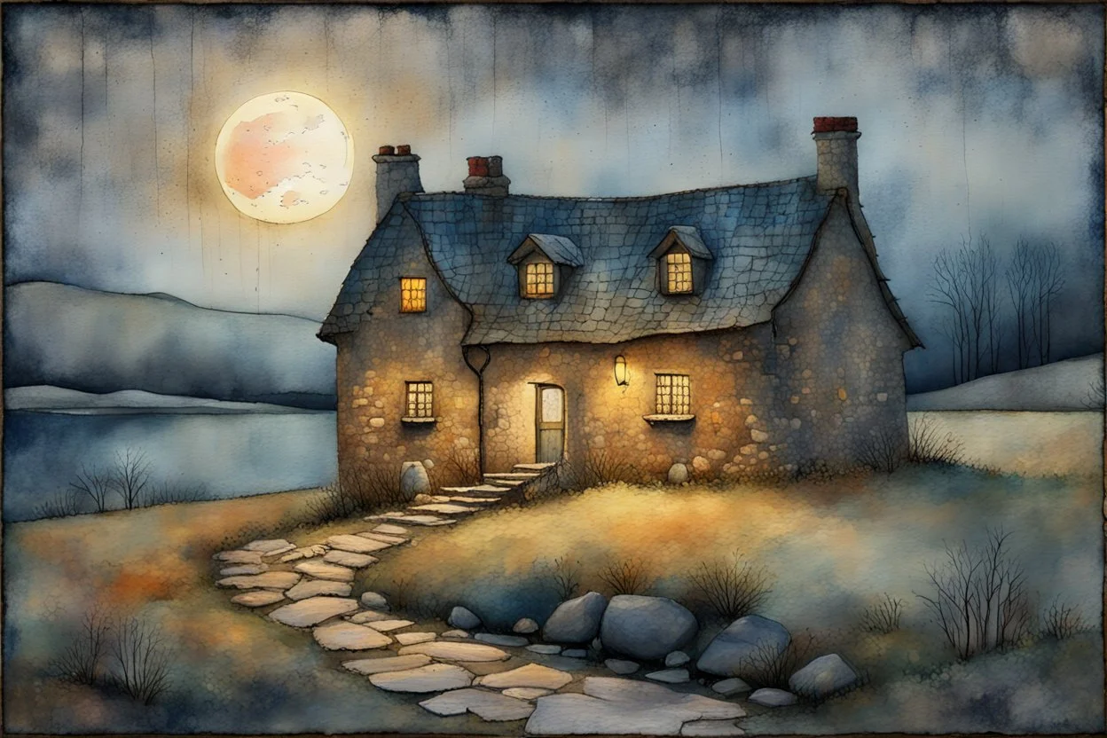 lone old stone cottage with lights on, by Frozen apocalypse " a patchwork art by Jamie heiden, peter doig, Renoir, pol Ledent, endre penovac, Gustave Loiseau, Arthur Rackham, Doug Chinnery, Maud Lewis. inlay, watercolors and ink, beautiful, fantastic view, extremely detailed, intricate, best quality, highest definition, rich colours. intricate beautiful dynamic lighting award winning fantastic view ultra detailed 4K 3D high definition hdr elegant intricate beautiful award winning fantastic view
