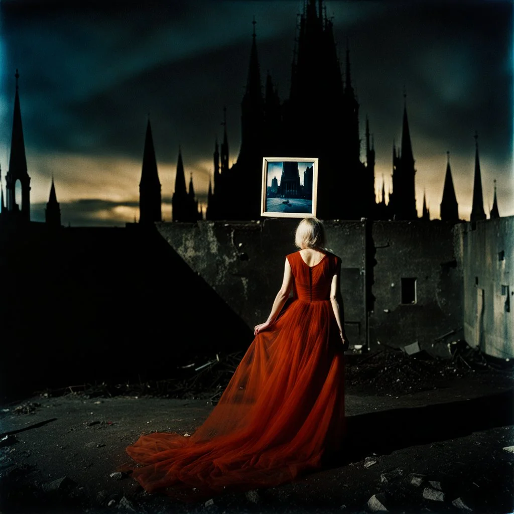 Photorealistic polaroid nothingness and distressing anguish ruined city night Max Ernst Hieronymus Bosch, shot on Hasselblad, movie shot, details of the dress accentuated, nightmare, hypermaximalist