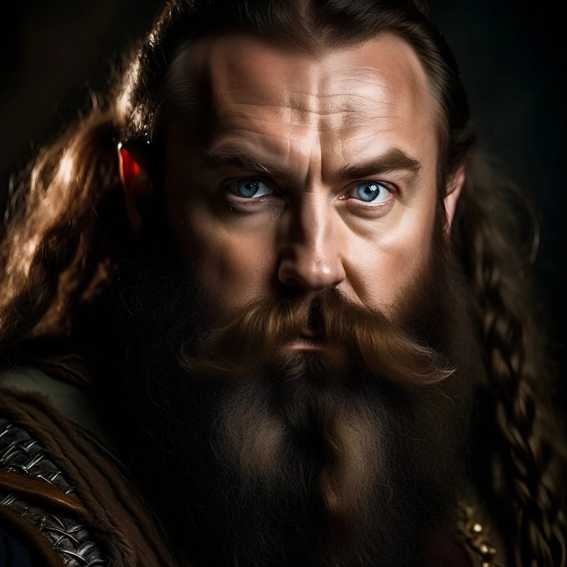 gimli mit blauen augen, dunkelbraunen haaren und kämpferisch