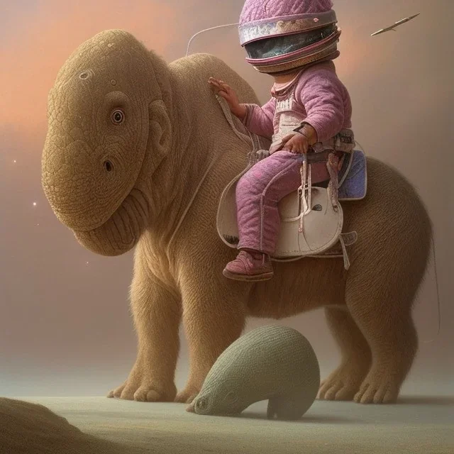 1yo little boy is on safari on the moon. riding a pink dinosaur. he has big and a funny hat. High detailed. Cinematic. oil on canvas painting. Warm lights. beksinski