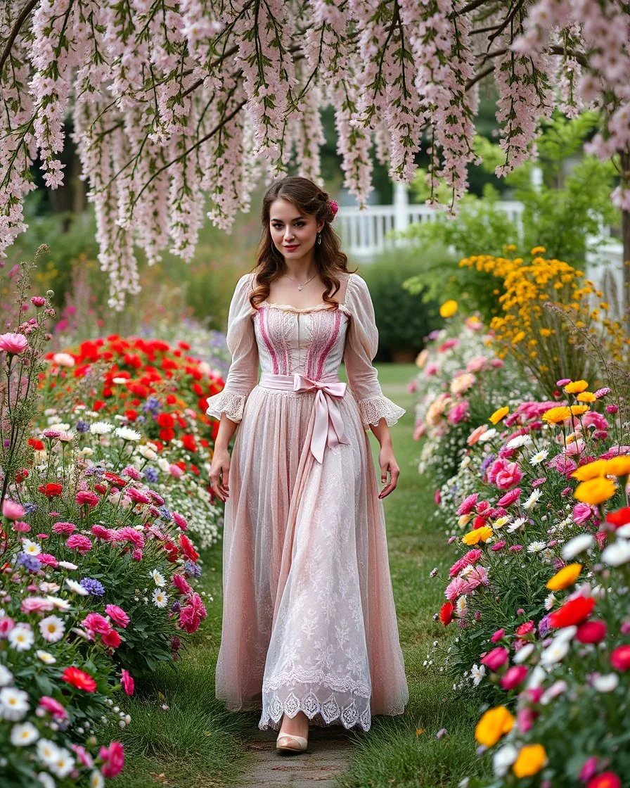 create a video , in a pretty nature of conuntry side a big mas of ramdom pretty flowers fall down and a beautiful lady in victorian clothing comes out and walks with cute in the flowers garde
