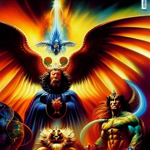 portrait oil on canvas,'four beasts of revelation 4',comic book cover, mystical colors,insanely detailed,realistic,intrincate detail, 16k resolution, masterpiece,Simon Bisley,Frank Frazetta,Alex Horley,ARTHUR ADAMS