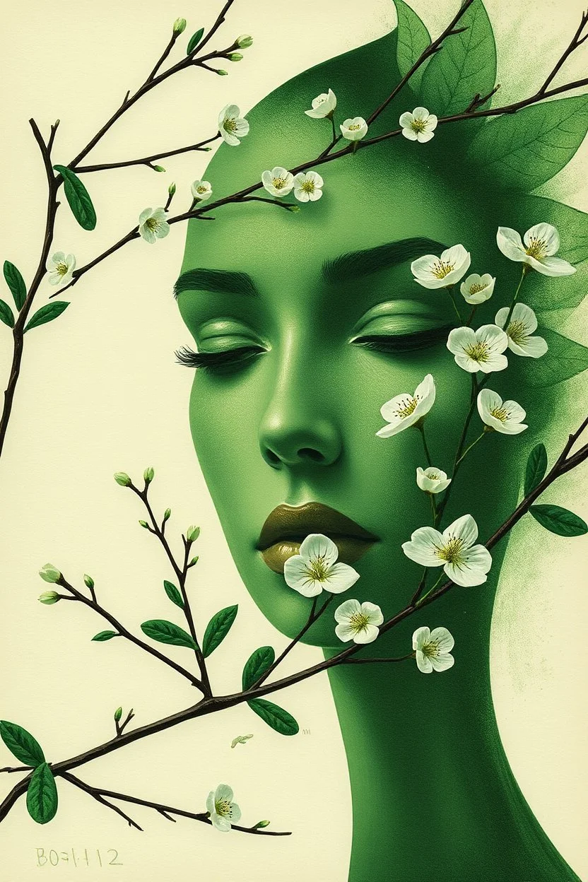 green woman face with branches and white flowers