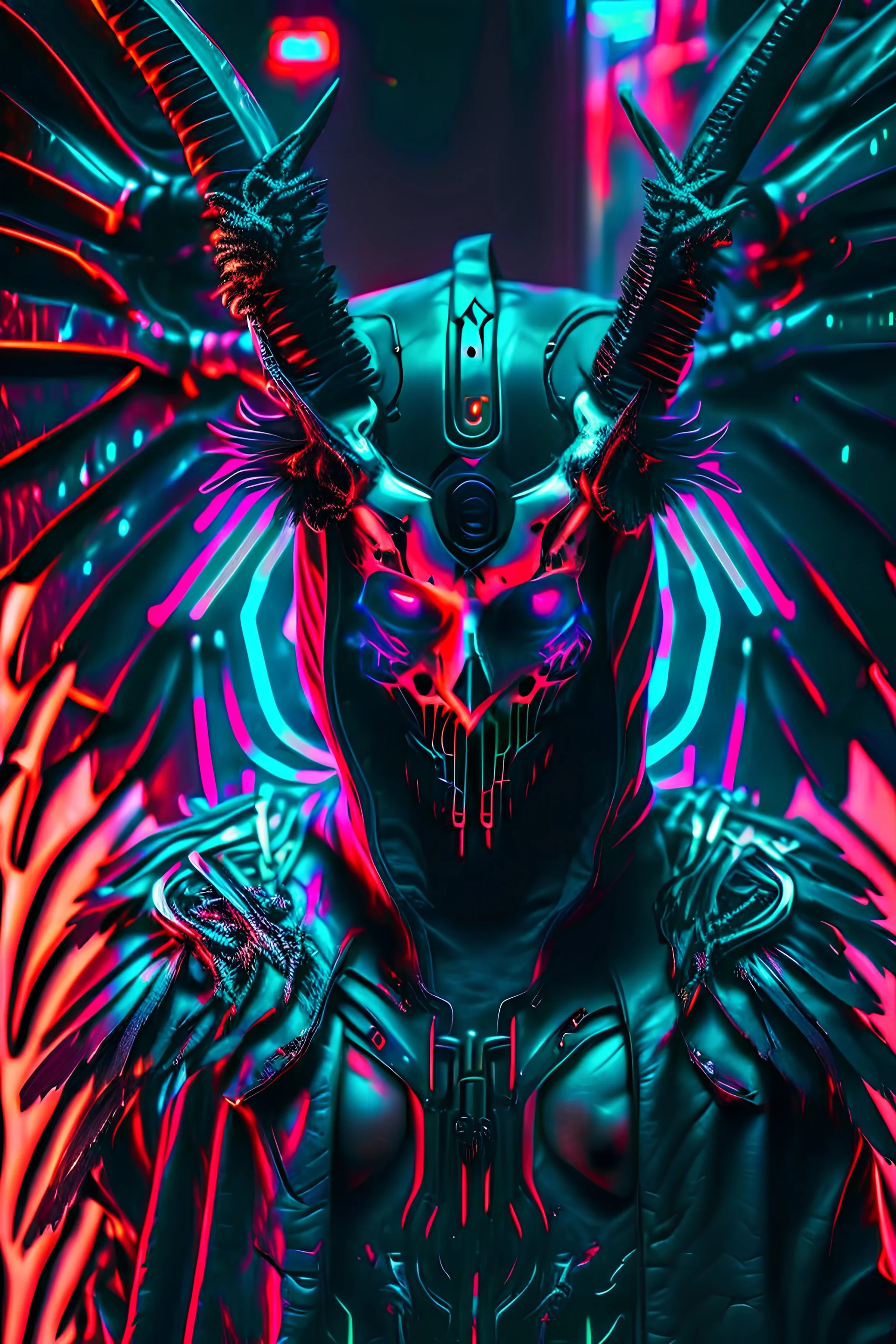 Cyberpunk angel of death, terryfing mask, neon coloristic, black outfit, black wings, cybernetic horns, silver hand, photo from far