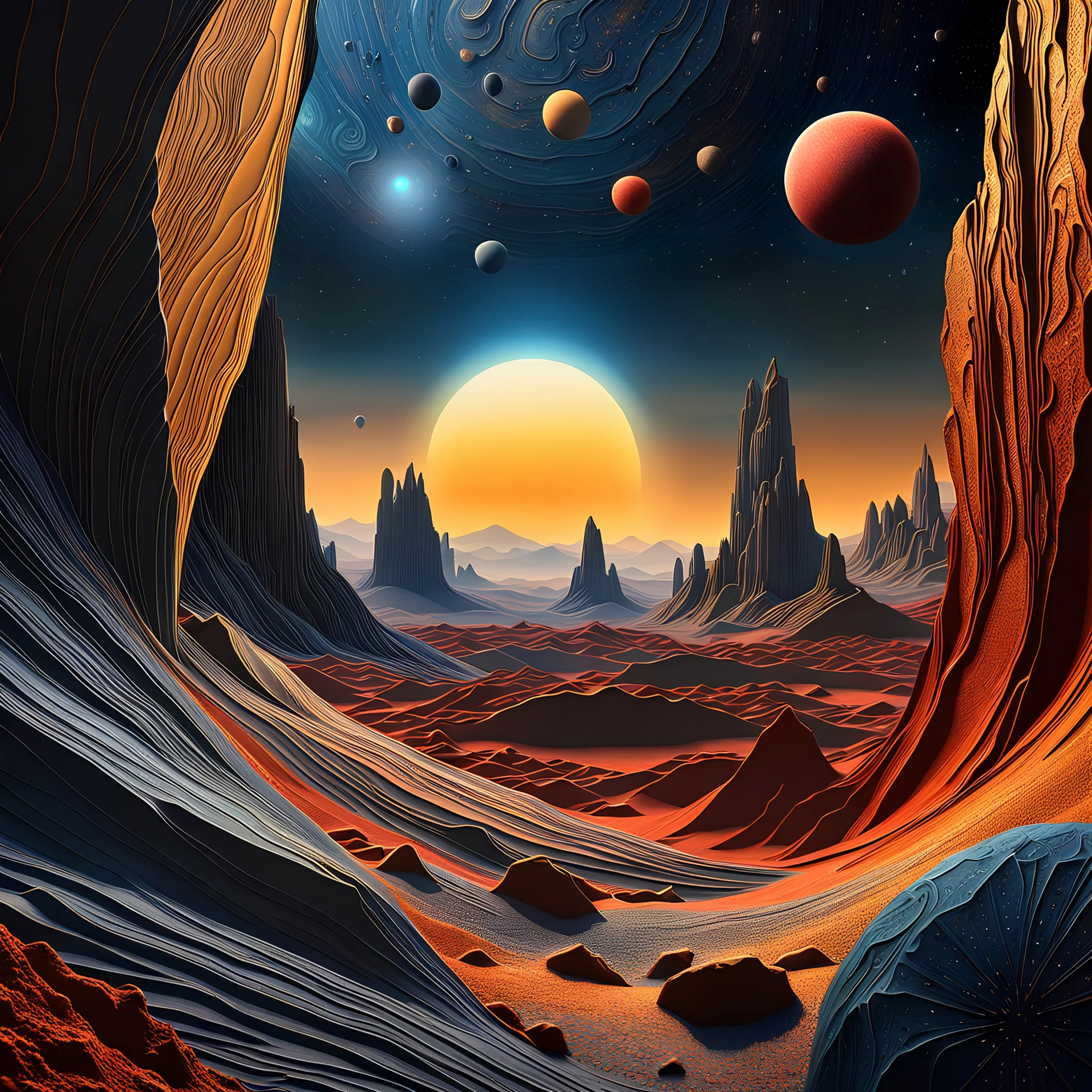 An incredibly peaceful detailed landscape, Max Ernst, one-line drawing, Haji Widayat, rock formations, planets and stars, primordial nature, sun, strong texture, extreme detail, intricate, strong colours, bas-relief, high resolution, volumetric light, 8k, 3d, cinematic, rich moody colors, sparkles, decal, octane render, 55mm photography, 8k, sharp focus, volumetric light, ZBrush