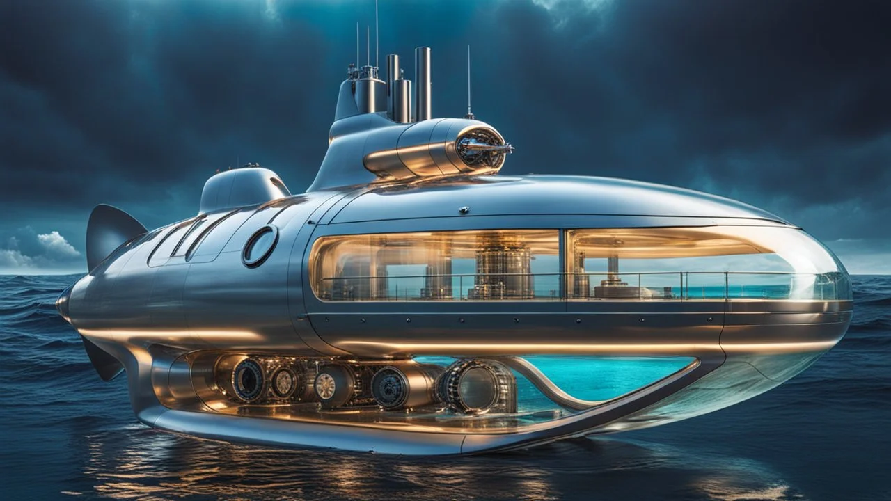 An stunning modern futuristic glass and metal submarine in the ocean, with a large body of water surrounding it. The submarine bottom positioned in the center of the frame, providing a unique perspective on this streamlined high-techstructure underwater, high detalied, shapr focus, sci-fi mood