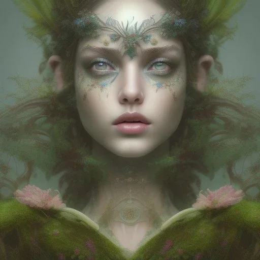 Portrait of beautiful girl, plant, metal, feathers, Dryad, fae, sidhe, ominous, nature, plants, wildflower, facepaint, dnd character portrait, intricate, oil on canvas, masterpiece, expert, insanely detailed, 4k resolution, retroanime style, cute big circular reflective eyes, cinematic smooth, intricate detail , soft smooth lighting, soft pastel colors, painted Renaissance style, 800mm lens