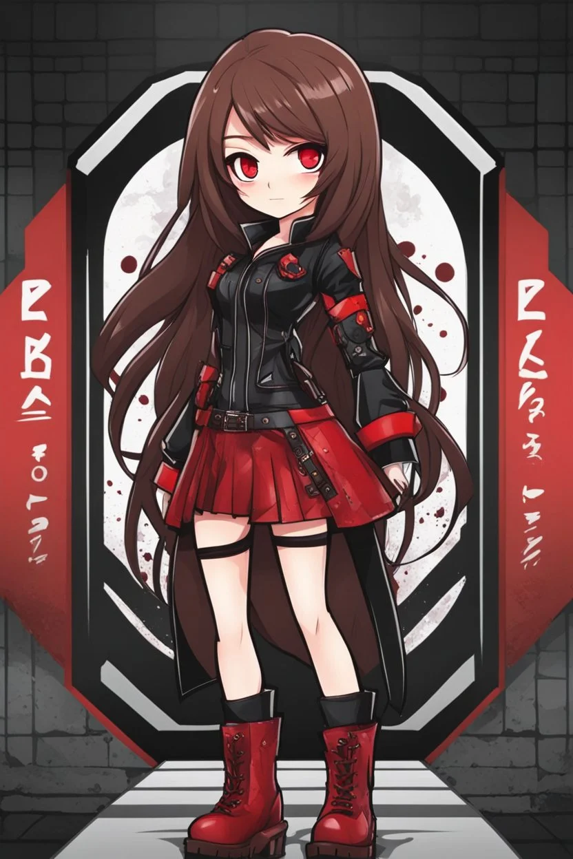 a full-body shot of a woman with long brown hair parted in the middle, red eyes, with a 'bad girl' vibe striking a confident pose, wearing black and red leather, ((Chibi anime doll style)), intricately detailed, splash art background