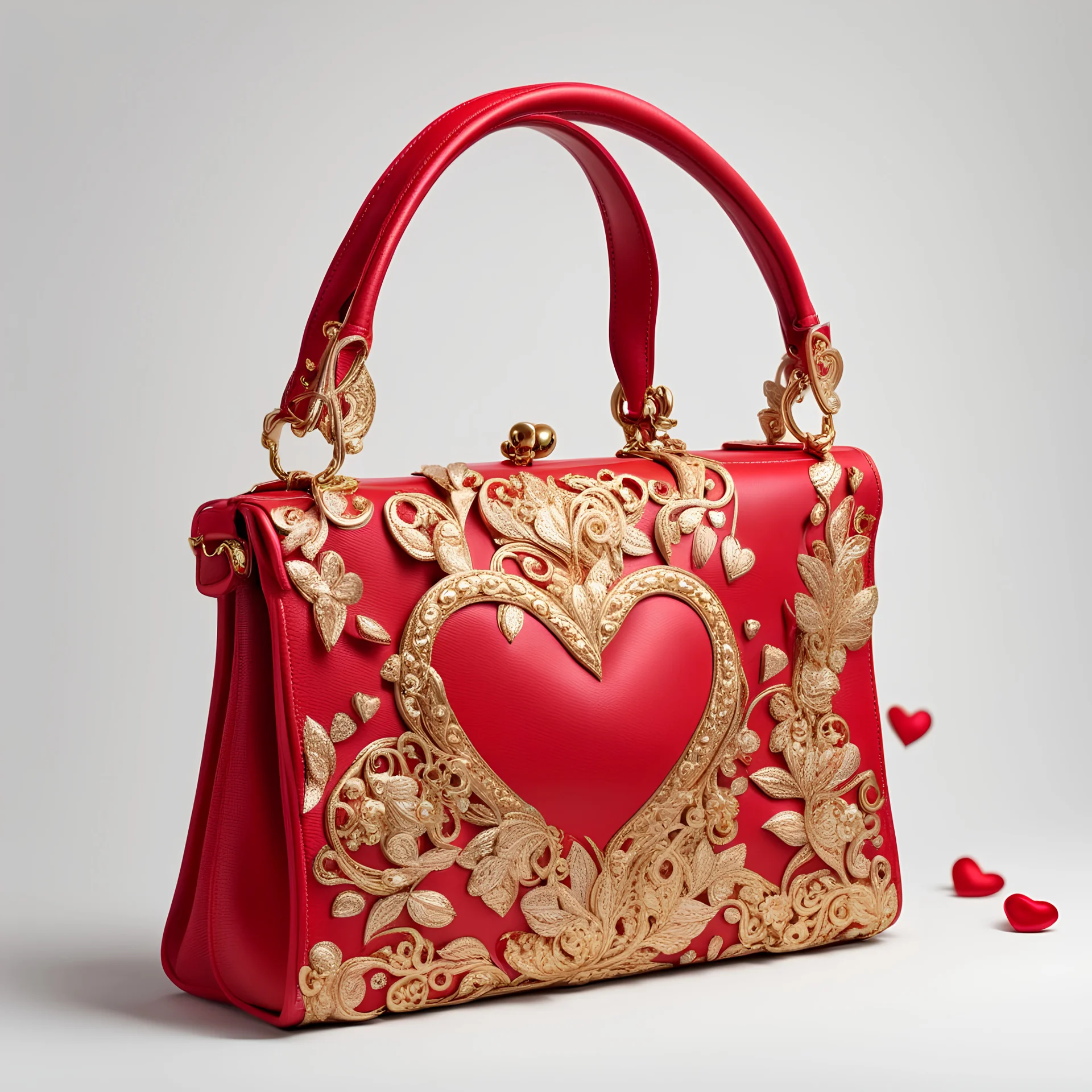 A red Valentine style handbag with gold decorations on a white background