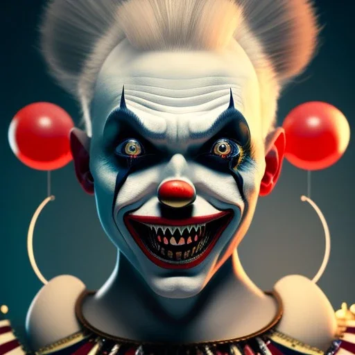 Full body portrait scary clown, dynamic pose,a little girl with him, an old mirror , detailed, realistic, cinematic, dramatic light 8k