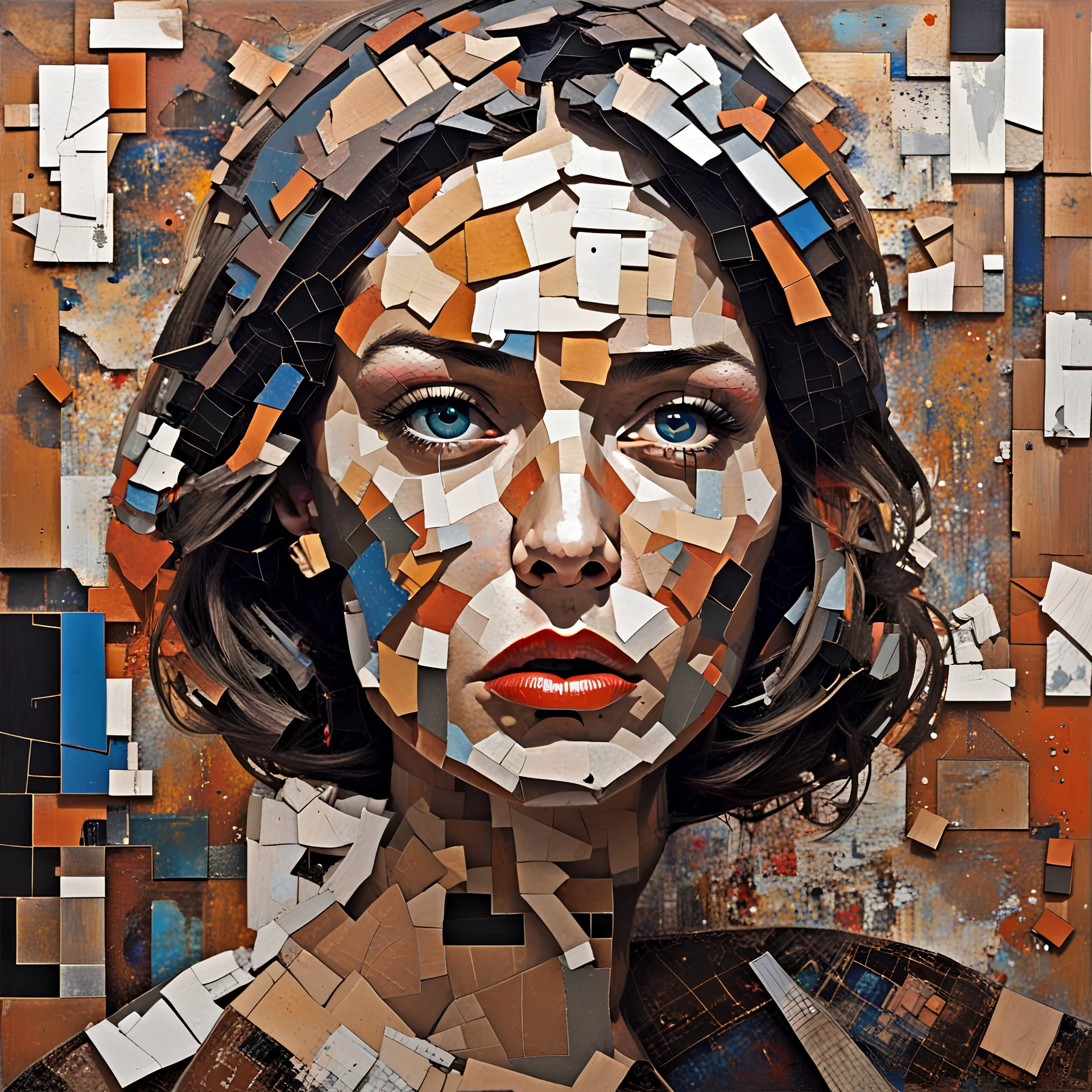 art, in the style of fragmented portraiture, derek gores, kathrin longhurst, made of cardboard, rusty debris, intense gaze, neo-mosaic --ar 73:111 --stylize 750 --v 6;Free will is a black herring; Klimt; Hundertwasser; controversial; stupendous; transcendent,