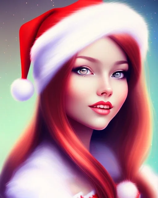 girl in Santa dress, close up portrait, Christmas colored hair, smiling