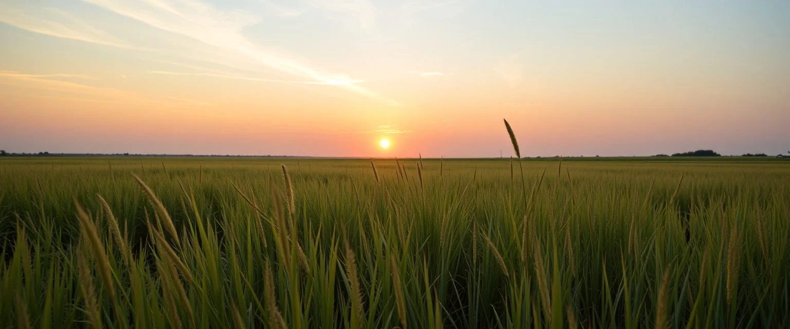 green grasses on the prairie, with golden sunset