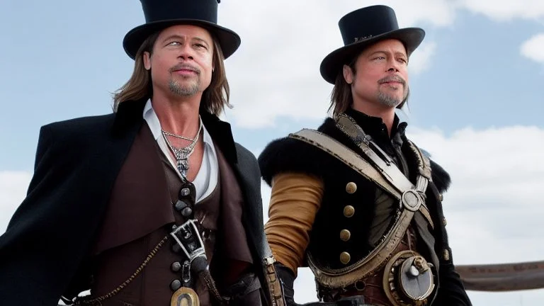 whole body portrait of Brad Pitt as a steampunk character in a steampunk setting, HD 4K, sharp detail, photo-realistic accurate face and features, cinematic lighting, award winning photography