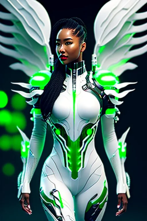 Cyborg symbiote, white color, green color, tendrils, high tech, cyberpunk, biopunk, membrane wings, carbon fiber