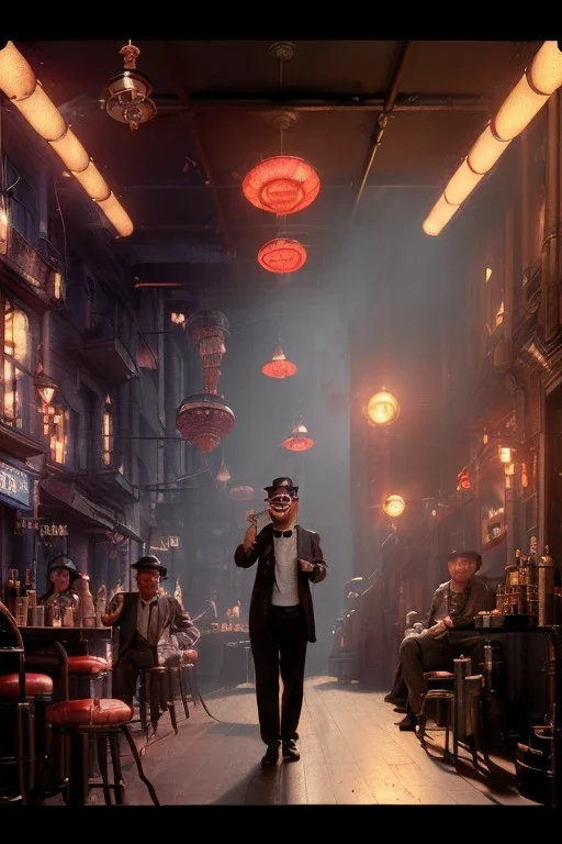 Waist up view cabaret scene, steampunk. old Asian man and little monkey, Sunglasses, smoking, happy, hot. Many people background, highly detailed, concept art, unreal engine 5, god rays, ray tracing, RTX, lumen lighting, ultra detail, volumetric lighting, 3d, finely drawn, high definition, high resolution.