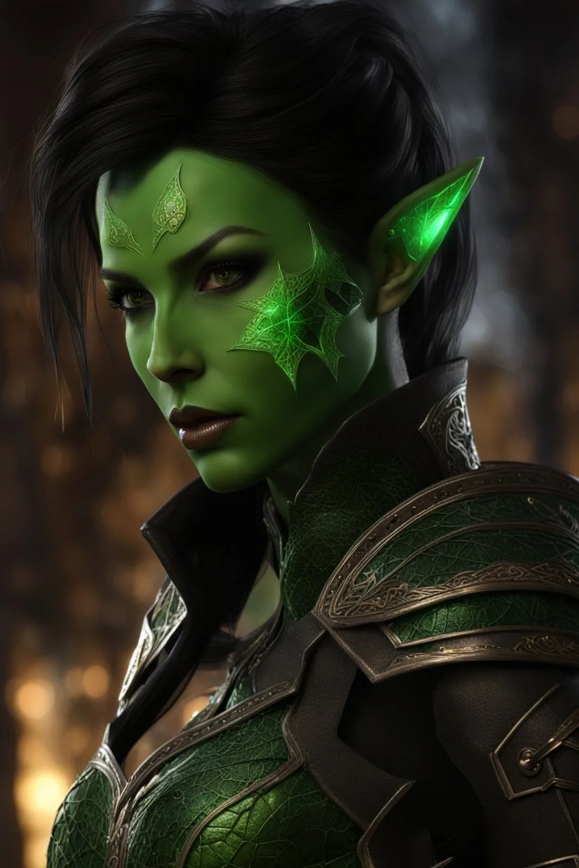 3.4 body shot, green skin,beautiful face, female gorgeous green skinnrf orc, 2 fang visible on mouth, thin, lightning crackle crested around her armor as symbols,dark hair, detailed glowing ornamental magical pattern armor, glowing gem crackling with lightning implanted on leather armor, 8k, high detail, market background, midnight, facing viewer, front facing