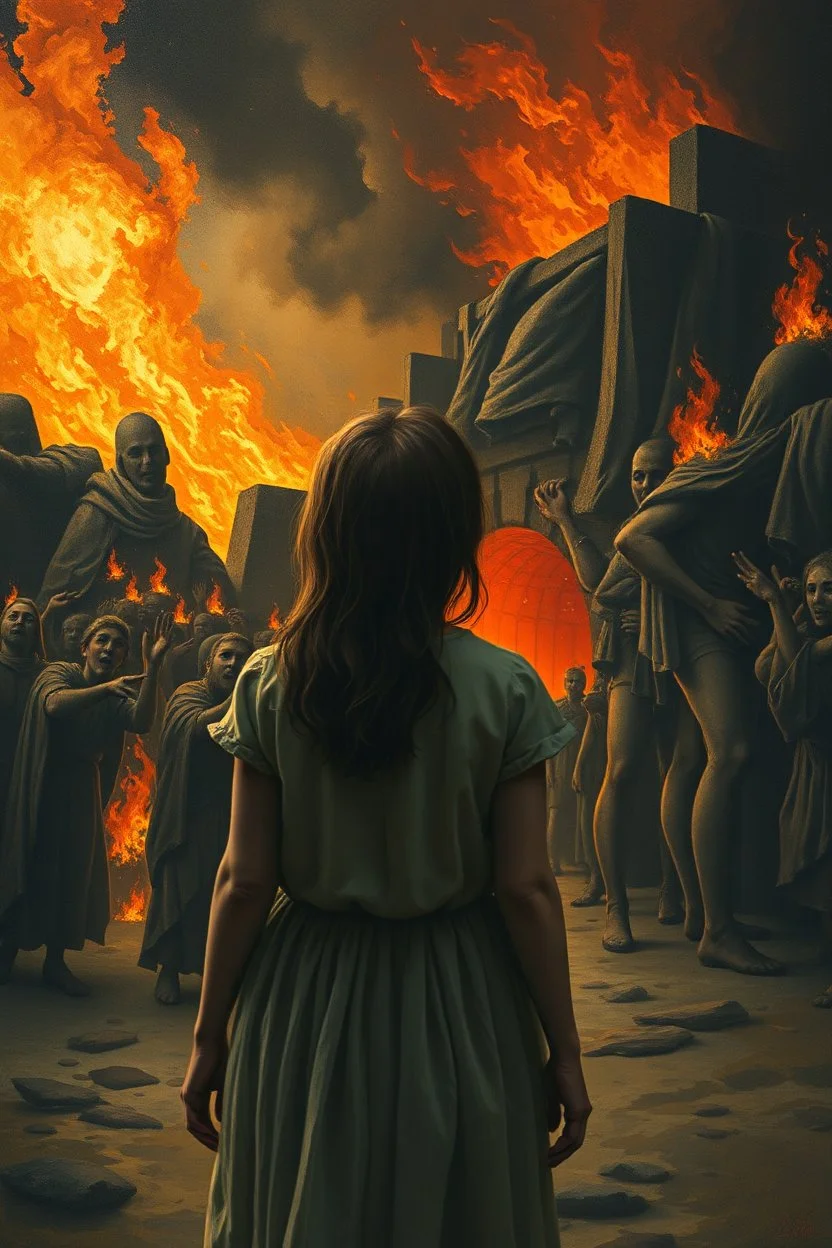 A rear view of a girl standing in front of hell were people are panic with fire and screaming,in Bosch painting style