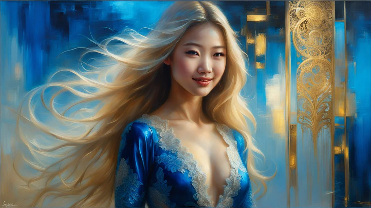 In Casey Baugh's evocative style, art of a gorgeous young smiling asian woman full body with long blonde hair, blue eyes , beautiful breast, and ass, futuristic, transparent blue lace, elegant, highly detailed, majestic, Baugh's brushwork infuses the painting with a unique combination of realism and abstraction, greg rutkowski, surreal gold filigree, broken glass, (masterpiece, sidelighting, finely detailed beautiful eyes: 1.2), hdr, realistic painting, natural skin, textured skin, crystal eyes,