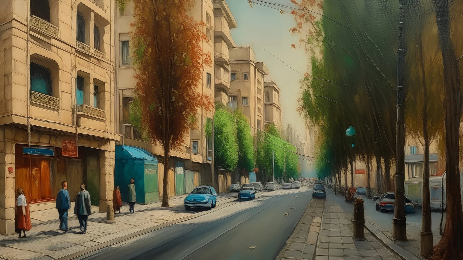 a modern street in Tehran. oil painting