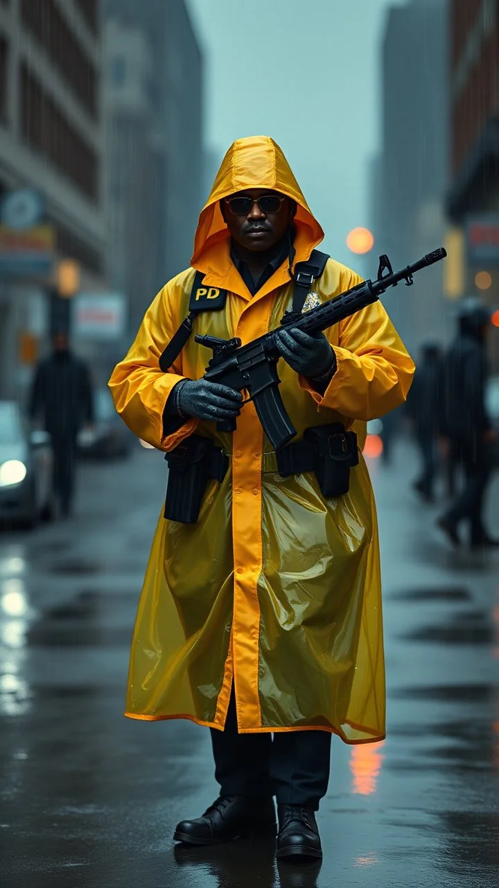 vintage retro nypd full body color blackmen policeman wtih heavy yellow rain transparent coat with thompson riffle