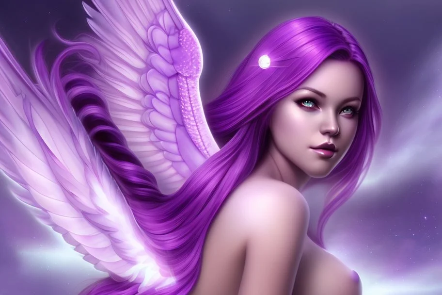 beautiful woman, purple hair, angel wings, purple aura, great body, no dressed, halo, cloud background