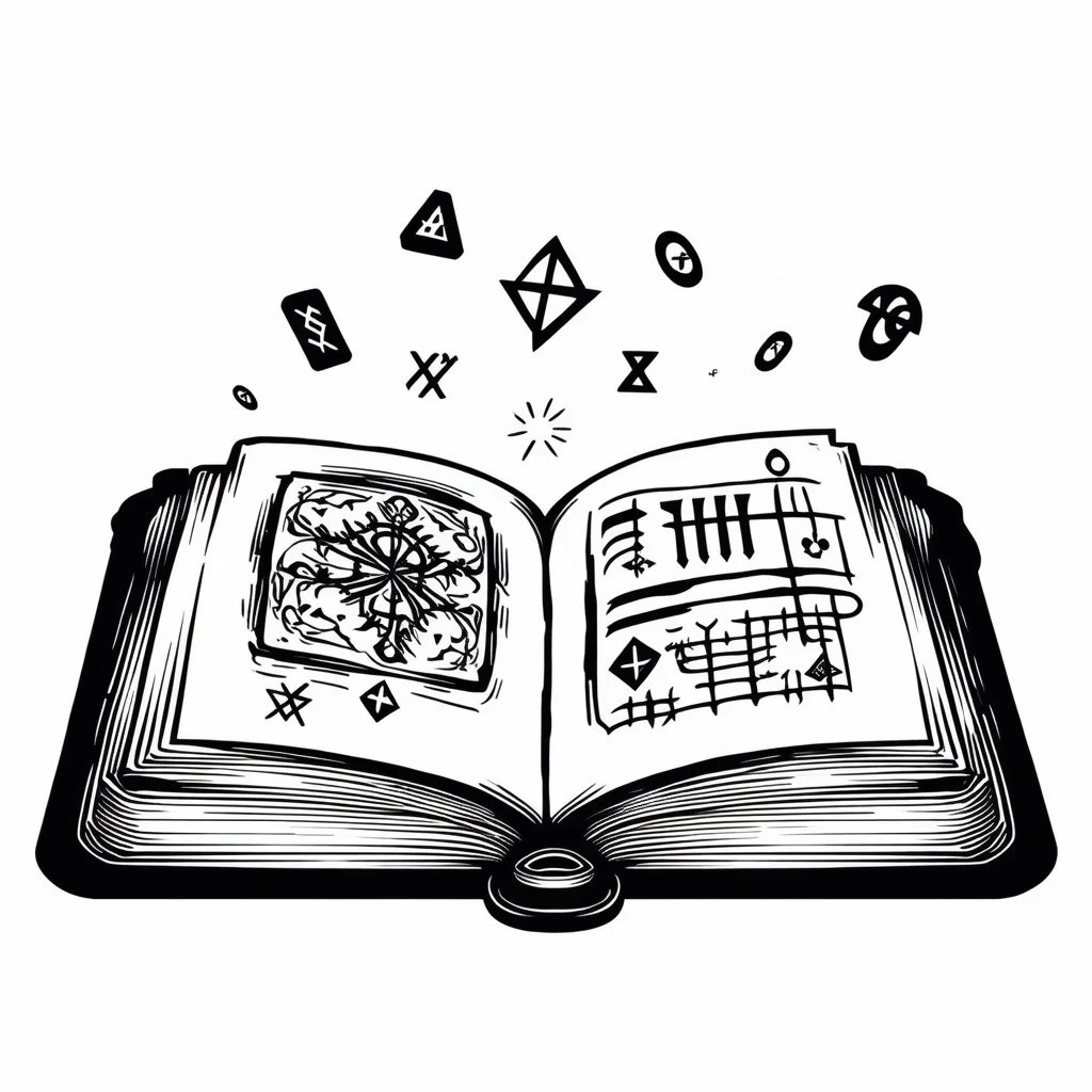 Make black and white cute drawing of a Spellbook with black bold lines. Only outline, no grayscale. A thick, glowing book with intricate designs on its cover. Show magical symbols and runes floating above the open pages, and surround it with tiny glowing motes of light.