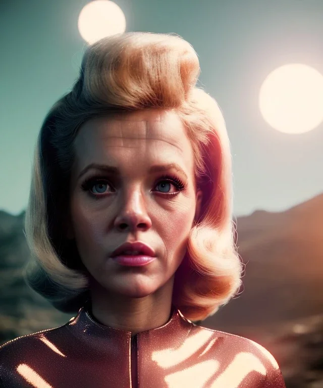 Ultra Realistic retro sci-fi movie, people, classic ovni, 1960 year, waist up view portrait, blonde woman, sweet teenager Jane Fonda face, perfect cyan iris, glow eyes, face makeup, tight latex coat, retro glass helmet, Retro sci-fi style, soft color, highly detailed, unreal engine 5, ray tracing, RTX, lumen lighting, ultra detail, volumetric lighting, 3d, finely drawn, high definition, high resolution.