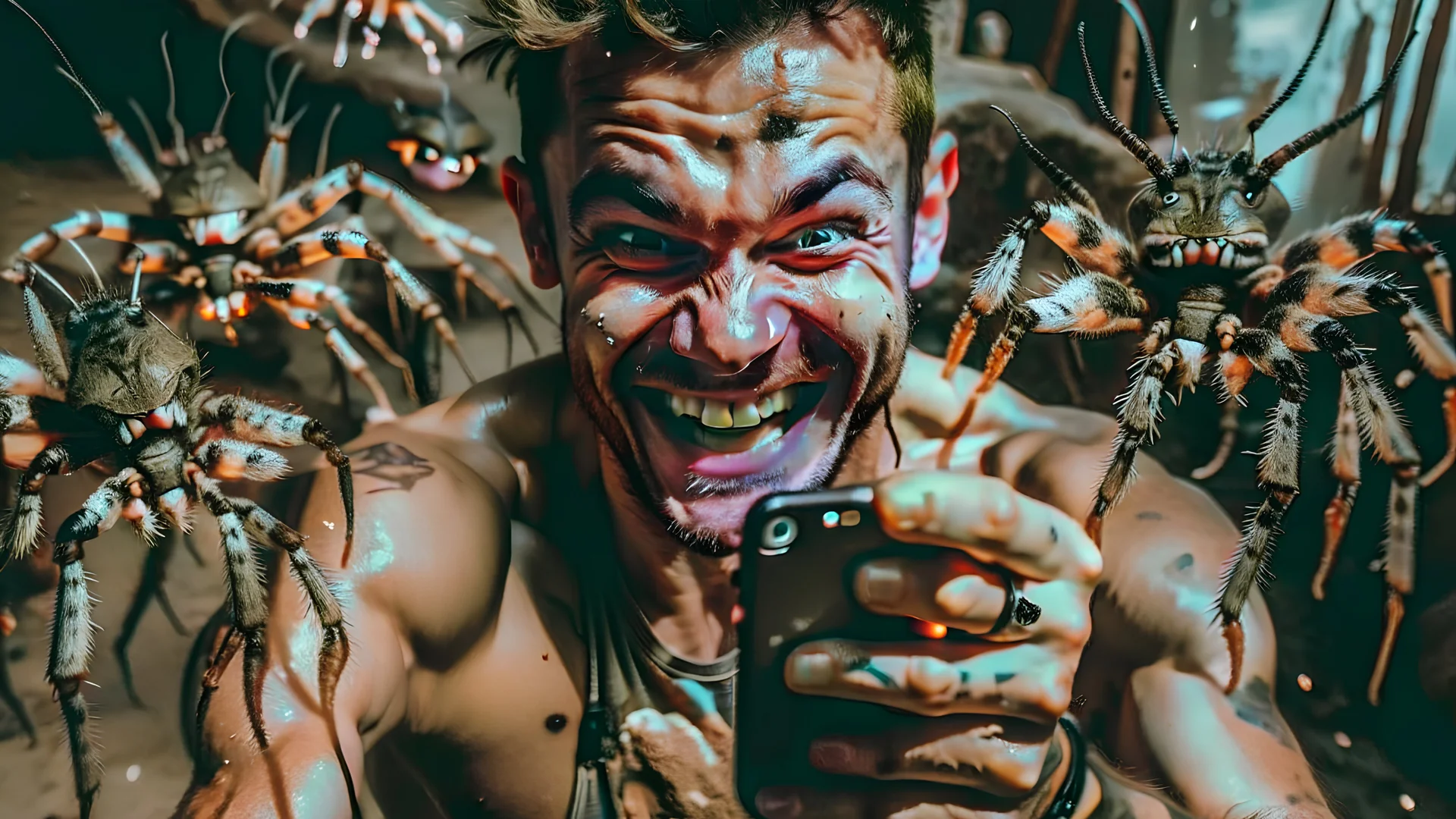 shirtless guy with creepy smile watching censored videos on smartphone surrounded by tiny crabs