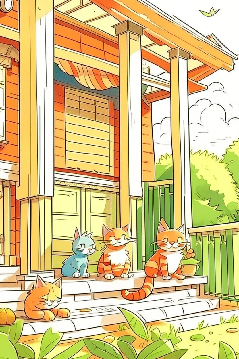 kids illustration, Cats on the porch, cartoon style, thick lines, low detail, water color shaded