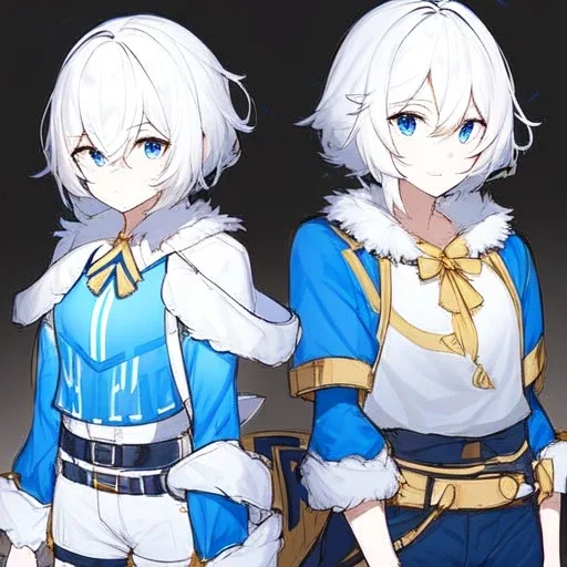 Clear focus, High resolution, rough line sketch art, short fluffy white hair, hair between eyes, fluffy hair, blue eyes, wearing a crop top, wearing shorts, detailed outfit, lots of details, bow on belt, white belt, white and blue everywhere on outfit, cut sleeve, yellow chains around outfit