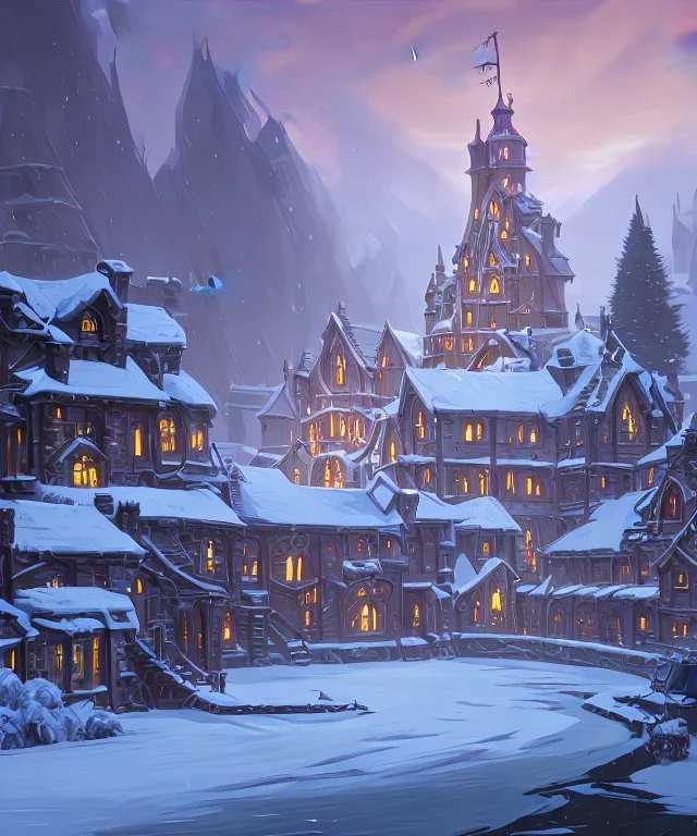 A magical snowy warlock castle with river canals and a large Christmas tree