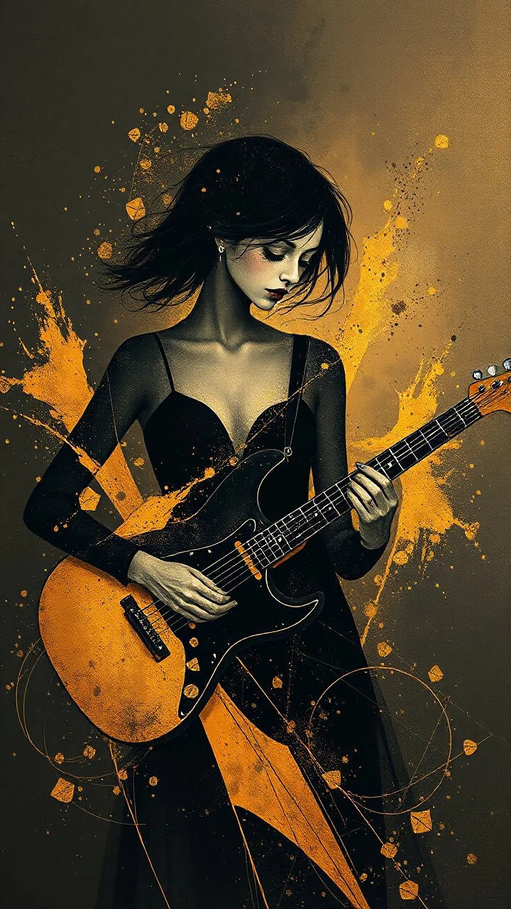 minimalism,Abstract black and gold minimalism geometric surreal beautiful fashion portrait playing the guitar ,splash art explosion,minimalist surreal surrounding background,surreal lonely depth,deep soul spirit,fantasy surreal geometry,flat,utopia,album art,cover art,album cover,cinematic,8k,epic movie still,sharp focus,by Gustav Klimt,pascal blanche,rutkowski,repin,artstation hyperrealism painting concept art of detailed character,design matte painting,leaf