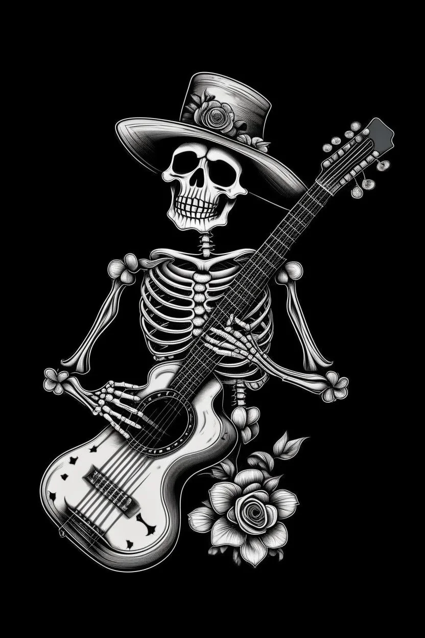 Skeleton wearing a sombrero, Hugging a guitar in a Coffin, black roses as decoration, black and white graphic art