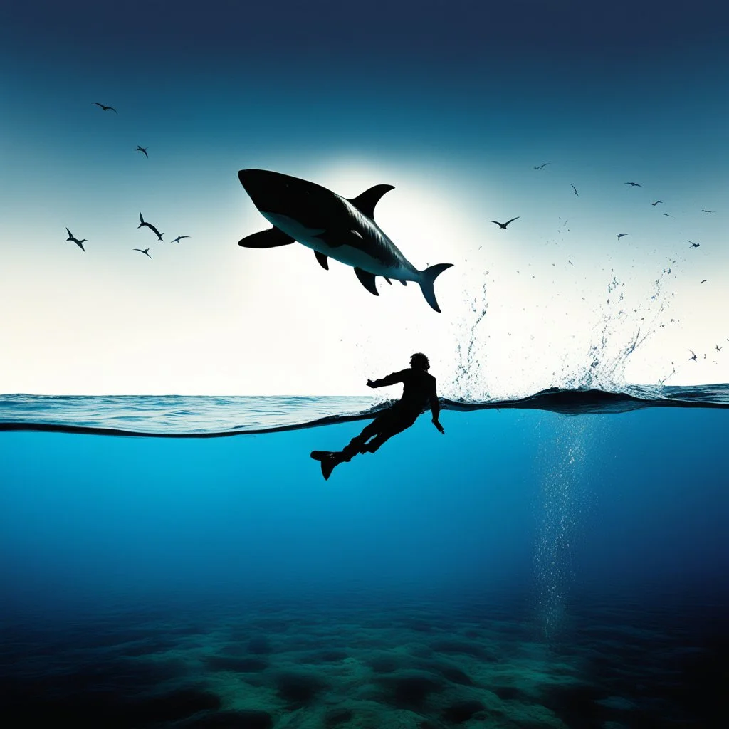 this photo Explores how brightness contrasts with shadow [psychedelic high res photo by Ralph Steadman] Light Against the Dark on a levitating acrobat over a large area of translucid water: there is a great white shark!