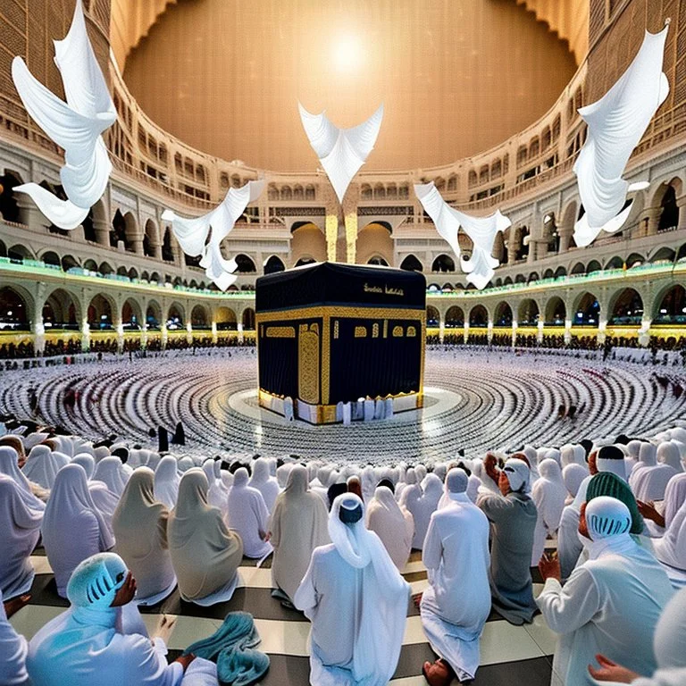 The scene in Mecca: People wearing white Ihram clothes, men without head coverings, women with veils, circumambulating around the Kaaba, and above them are transparent white spirits of children, men, and women with wings revolving around the Kaaba.