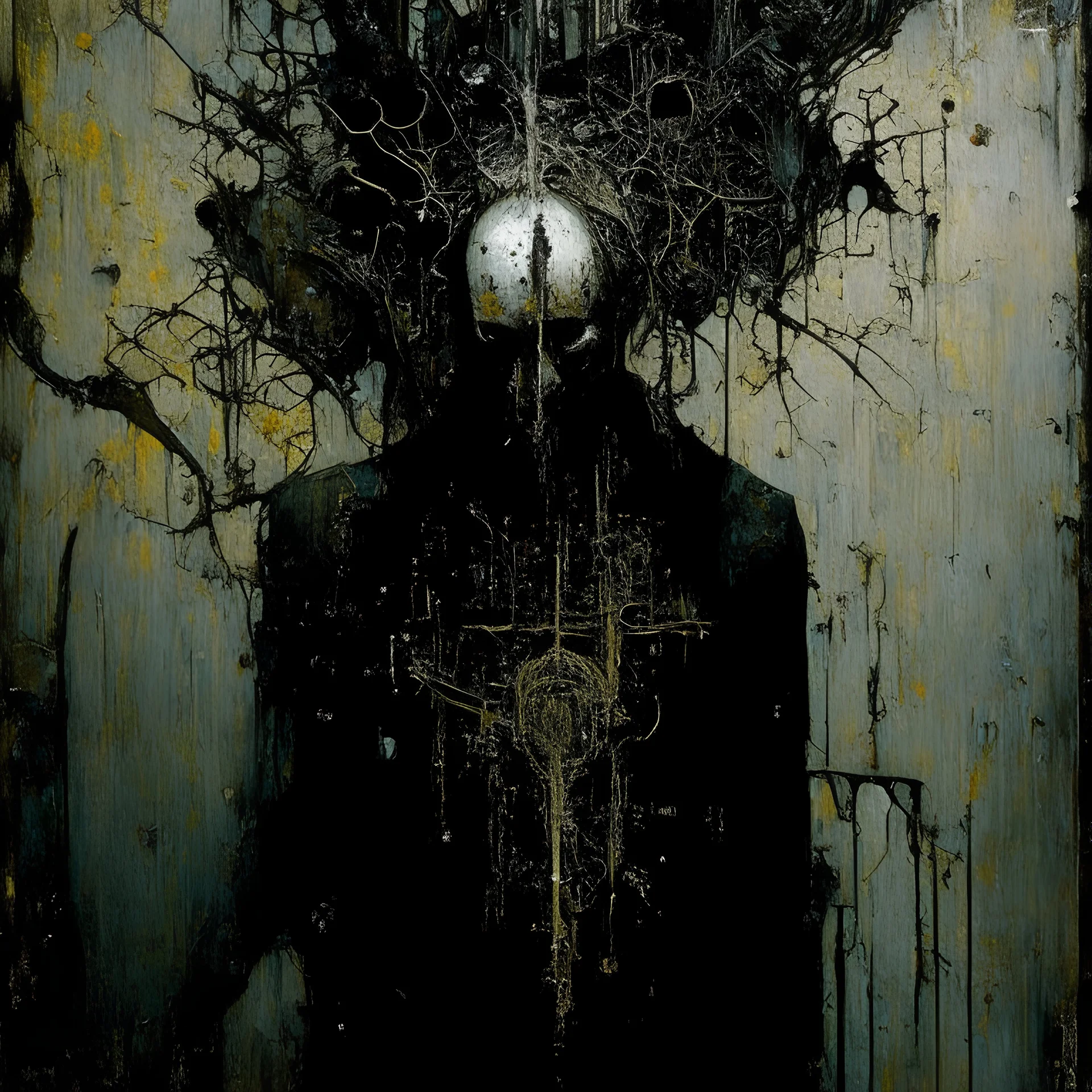 surrealism. God does'mt exist at all, It's time for the author to fool down oil painting by Amir Zand, Nicola Samori, Richard M. Powers, Max Ernst, Olafur Eliasson, Matthias Grünewald, surreal, intricately detailed, vintage photograph "By Russell Mills, Hermann Nitsch, decay, caustic metal and wood, acid burn, abstract, textured, scratched, rust, found objects, Robert Rauschenberg, Severine Pineaux, Otto Dix, Arnulf Rainer, surreal hallucinatory